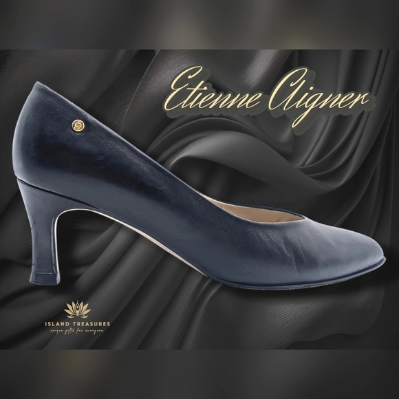 Etienne Aigner Vintage Black Leather Pumps Size 7M Made In Spain Gold A Details - Picture 1 of 17